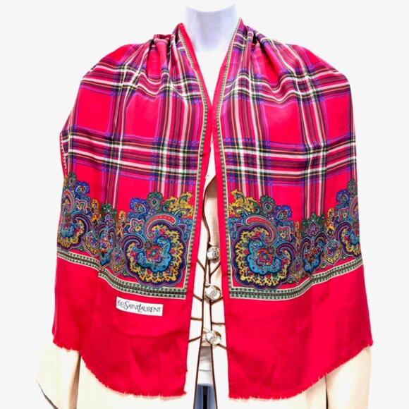 Beautiful Yves Saint Laurent YSL  Silk Satin Scarf 60"x15" Red Green Fringe (22 - Picture 2 of 9